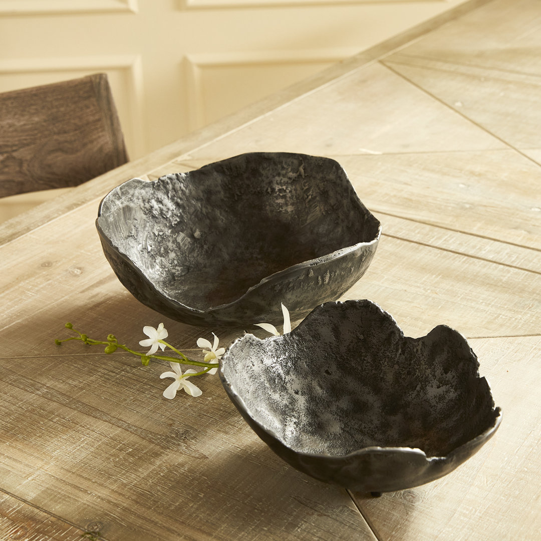 Farris 2 Piece Metal Abstract Decorative Bowl in Washed Dark Gray